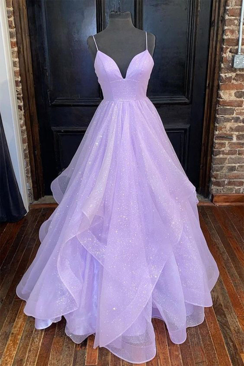 Load image into Gallery viewer, Glitter Spaghetti Straps Lavender Princess Prom Dress