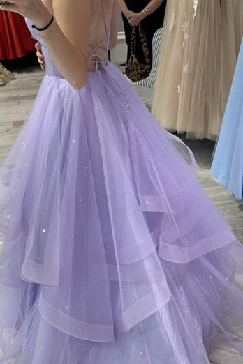 Glitter Spaghetti Straps Lavender Princess Prom Dress