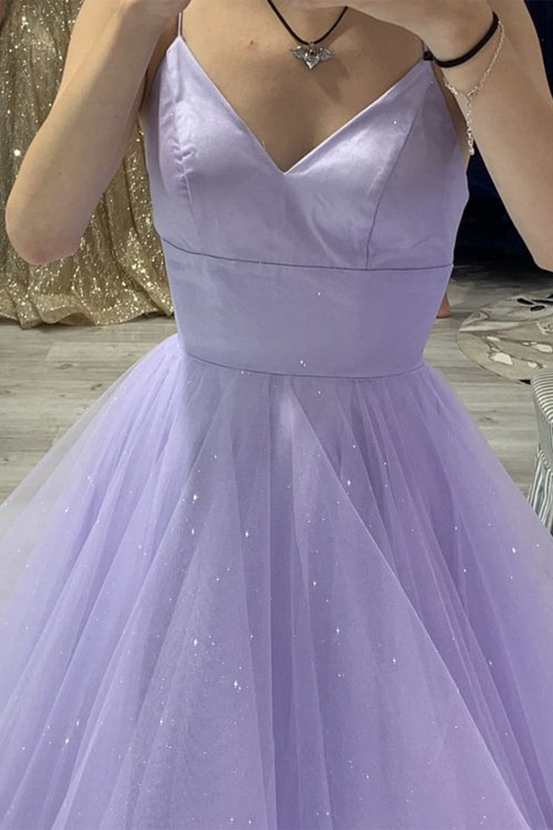 Load image into Gallery viewer, Glitter Spaghetti Straps Lavender Princess Prom Dress