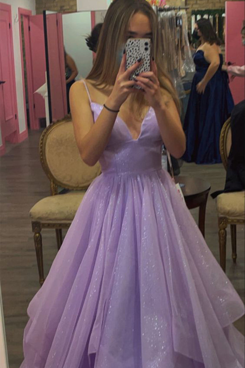 Load image into Gallery viewer, Glitter Spaghetti Straps Lavender Princess Prom Dress