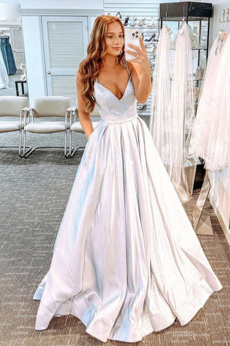 Glitter White Long Prom Dress with Pockets