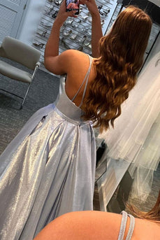 Glitter White Long Prom Dress with Pockets