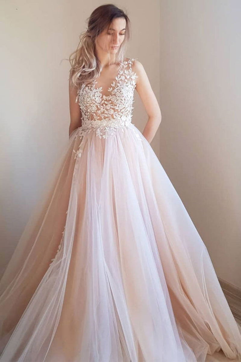 Load image into Gallery viewer, Pearl Pink Illusion Neck Long Prom Dress