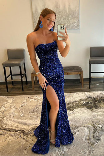 Royal Blue Mermaid Sequins Long Prom Dress with Slit