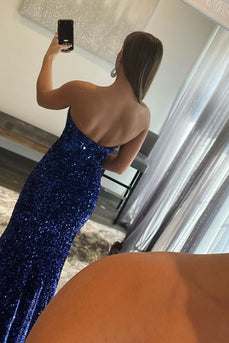 Royal Blue Mermaid Sequins Long Prom Dress with Slit