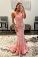 Load image into Gallery viewer, Coral One Shoulder Sequins Mermaid Sparkly Prom Dress
