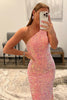 Load image into Gallery viewer, Coral One Shoulder Sequins Mermaid Sparkly Prom Dress