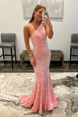 Coral One Shoulder Sequins Mermaid Sparkly Prom Dress