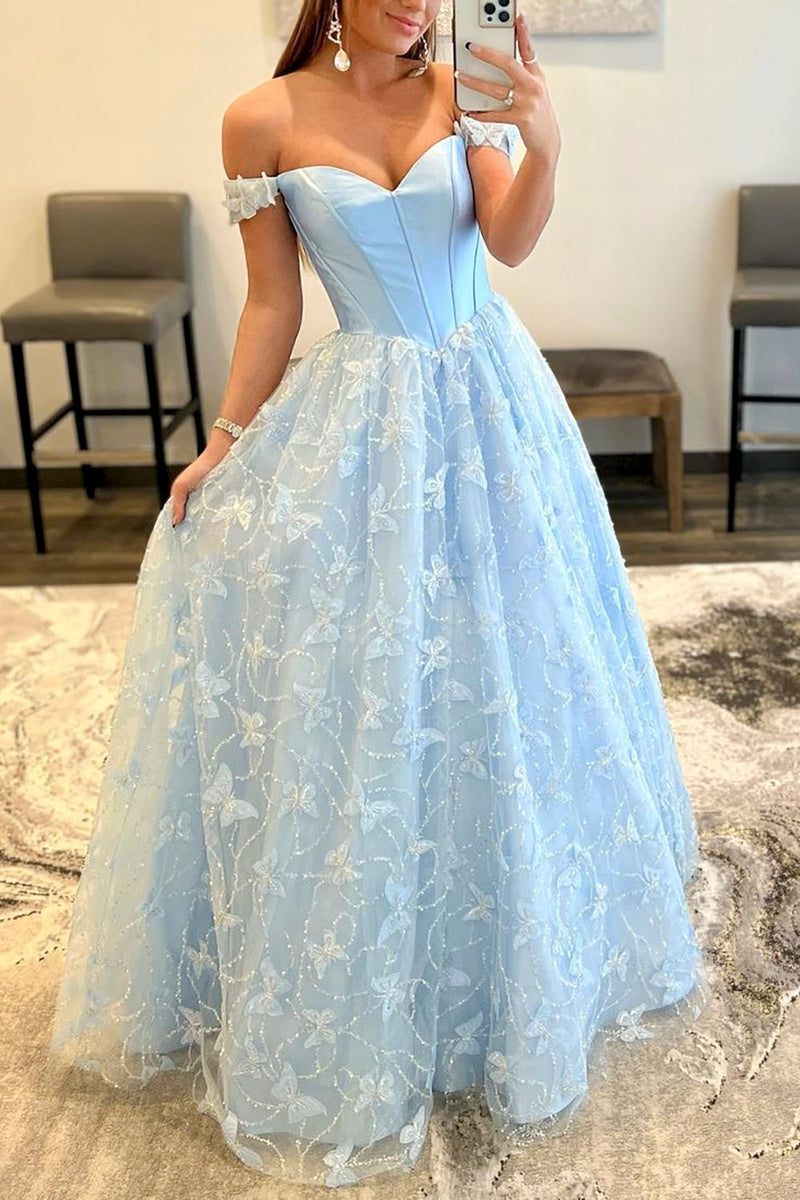 Load image into Gallery viewer, Light Blue Lace Off the Shoulder Princess Prom Dress