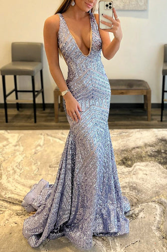 Mermaid Sequins Glitter Prom Dress with Deep V-neck