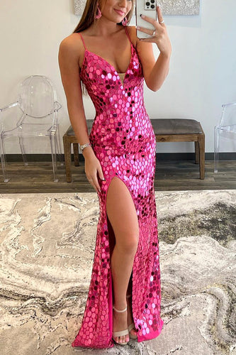 Glitter Hot Pink Sequins Backless Prom Dress with Slit