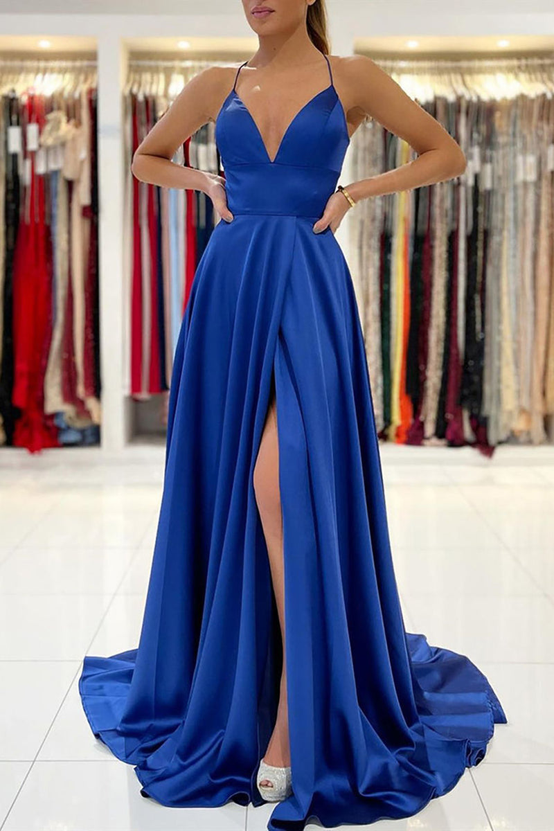Load image into Gallery viewer, Simple A Line Satin Burgundy Long Prom Dress with Slit