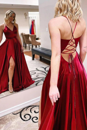 Simple A Line Satin Burgundy Long Prom Dress with Slit