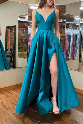 Blue A-line Simple Prom Dress with Slit