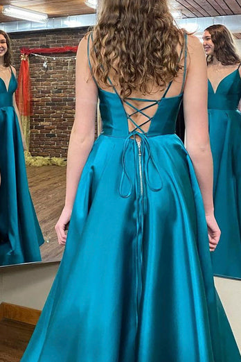 Blue A-line Simple Prom Dress with Slit