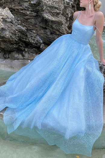 Sky Blue A-line Sparkly Prom Dress