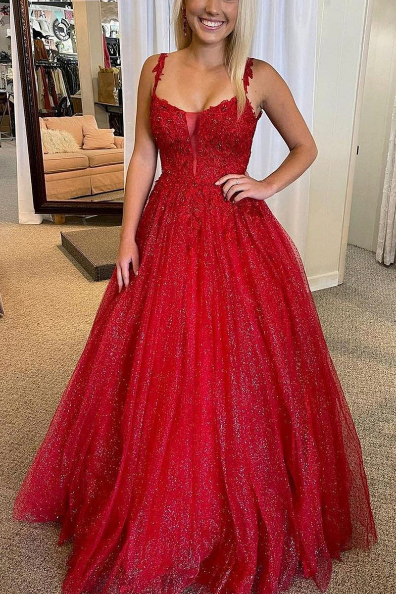 Load image into Gallery viewer, Red A-line Backless Glitter Princess Prom Dress with Beading