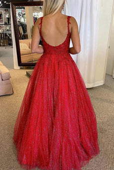 Red A-line Backless Glitter Princess Prom Dress with Beading