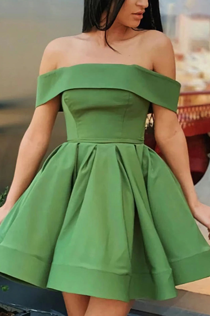 Load image into Gallery viewer, Green Off the Shoulder Simple A Line Graduation Dress