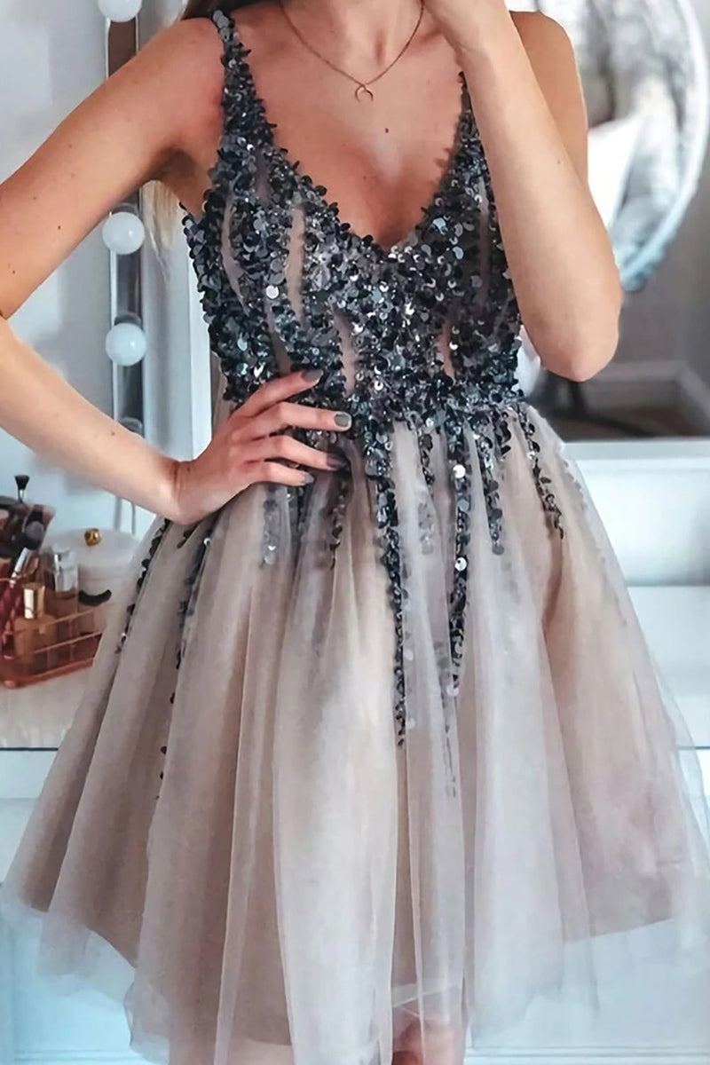 Hellymoon Women Sequins Graduation Dress with Beadings Grey Pink V Neck Party Dress hellymoonuk