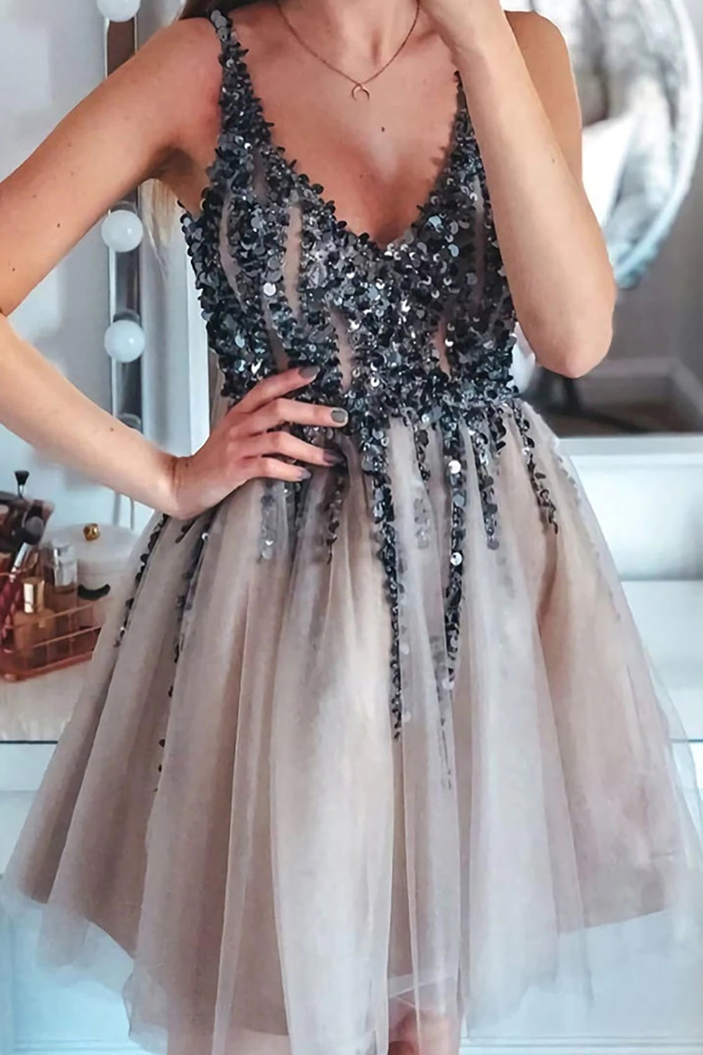 Grey Pink Sequins Graduation Dress with Beading