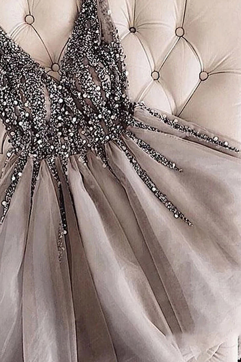 Load image into Gallery viewer, Grey Pink Sequins Graduation Dress with Beading