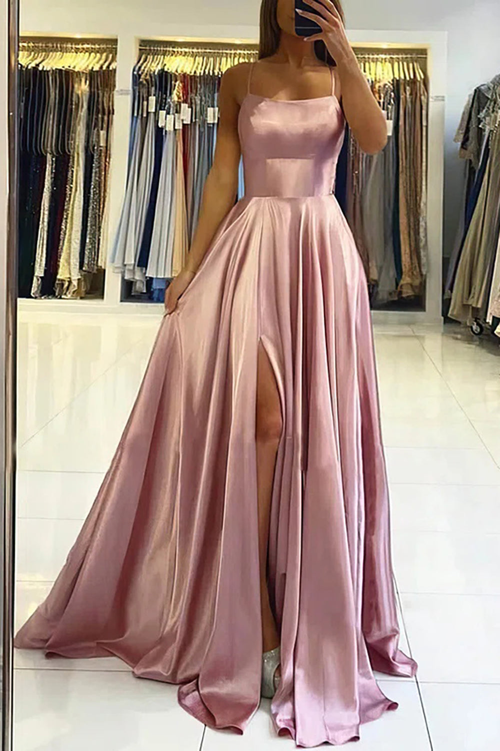Blush Satin A-line Simple Prom Dress with Slit