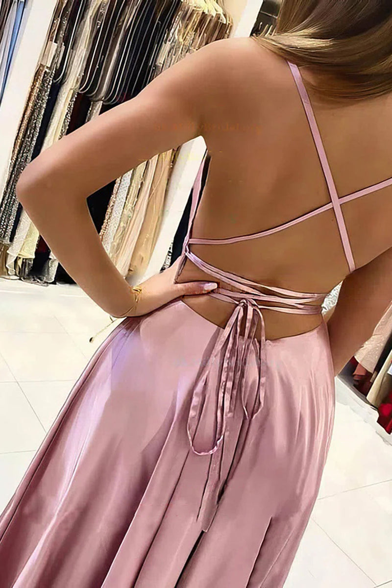 Load image into Gallery viewer, Blush Satin A-line Simple Prom Dress with Slit