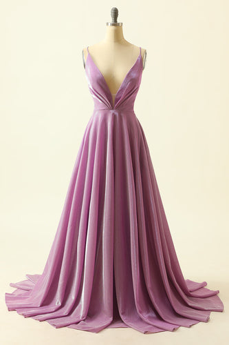 V-neck Purple A Line Glitter Prom Dress