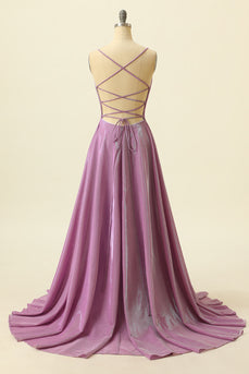 V-neck Purple A Line Glitter Prom Dress