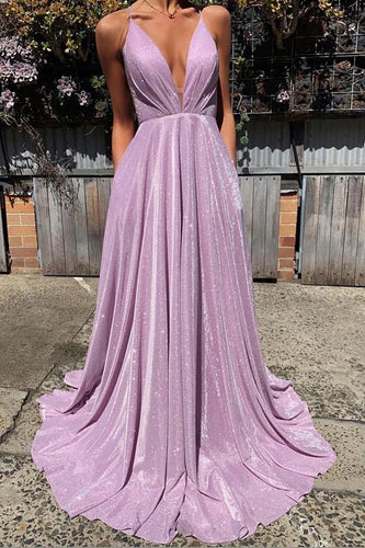 Purple V-neck Sparkly Prom Dress