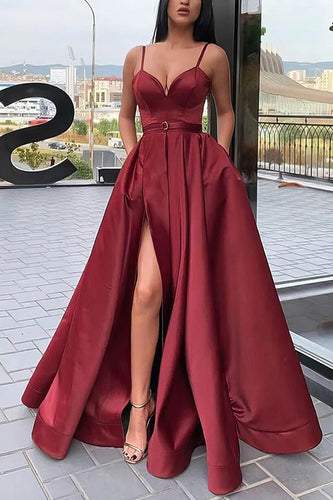 Burgundy A-line Simple Prom Dress with Slit