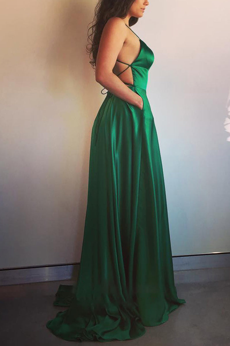Load image into Gallery viewer, Green Satin A-line Backless Simple Prom Dress