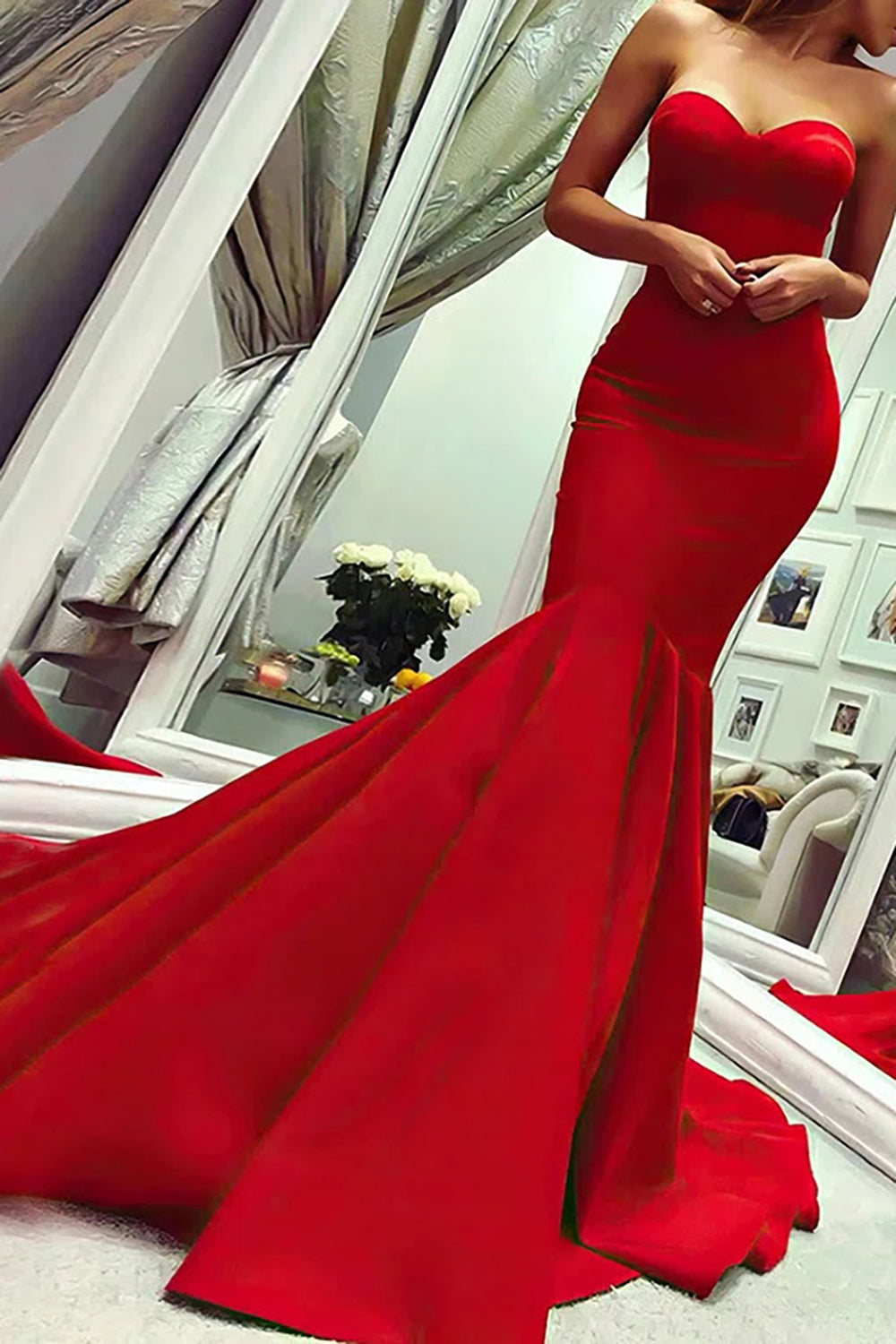 Red Satin Strapless Mermaid Prom Dress