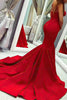 Load image into Gallery viewer, Red Satin Strapless Mermaid Prom Dress