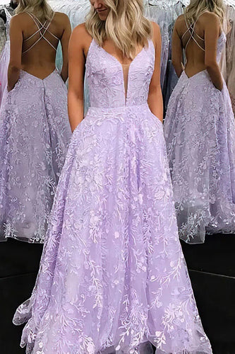 Purple A-line Prom Dress with Embroidered