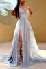 Load image into Gallery viewer, Grey Tulle A-line Prom Dress with Slit