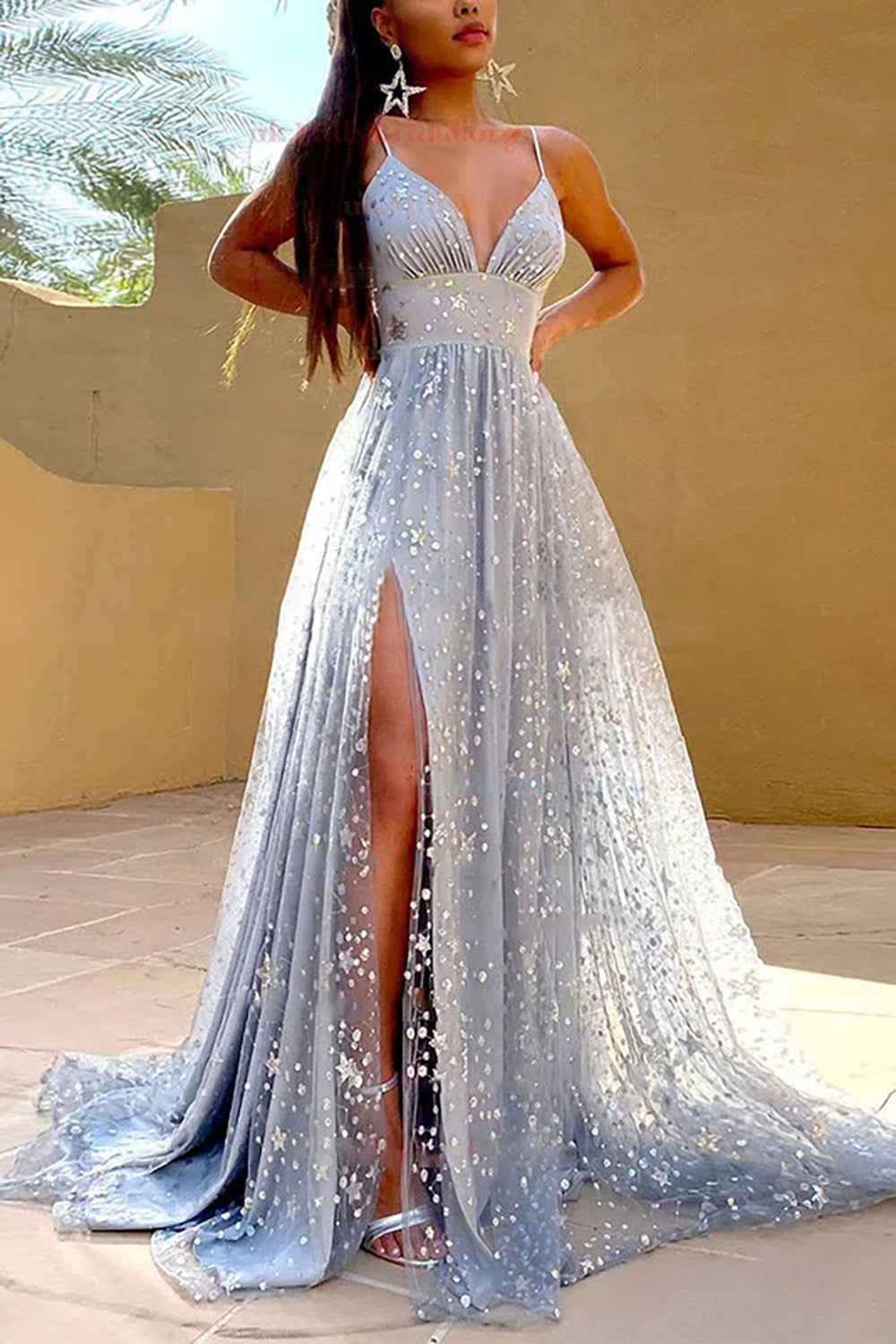 Grey Tulle A-line Prom Dress with Slit