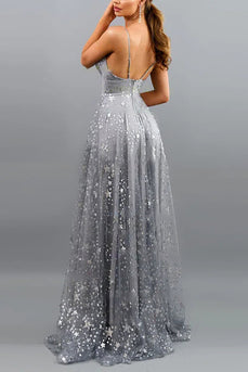 Grey Tulle A-line Prom Dress with Slit