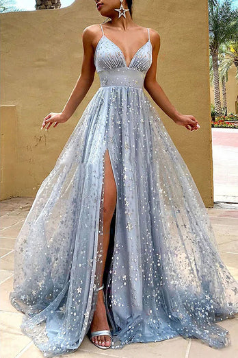 Grey Tulle A-line Prom Dress with Slit