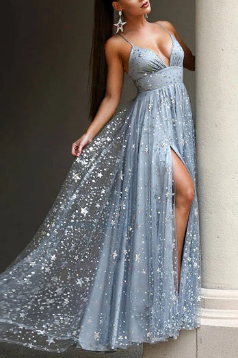 Grey Tulle A-line Prom Dress with Slit