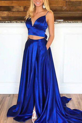Royal Blue Satin A-line Prom Dress with Pockets