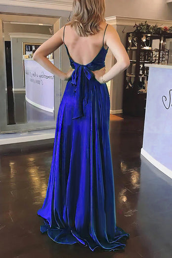 Royal Blue Satin A-line Prom Dress with Pockets