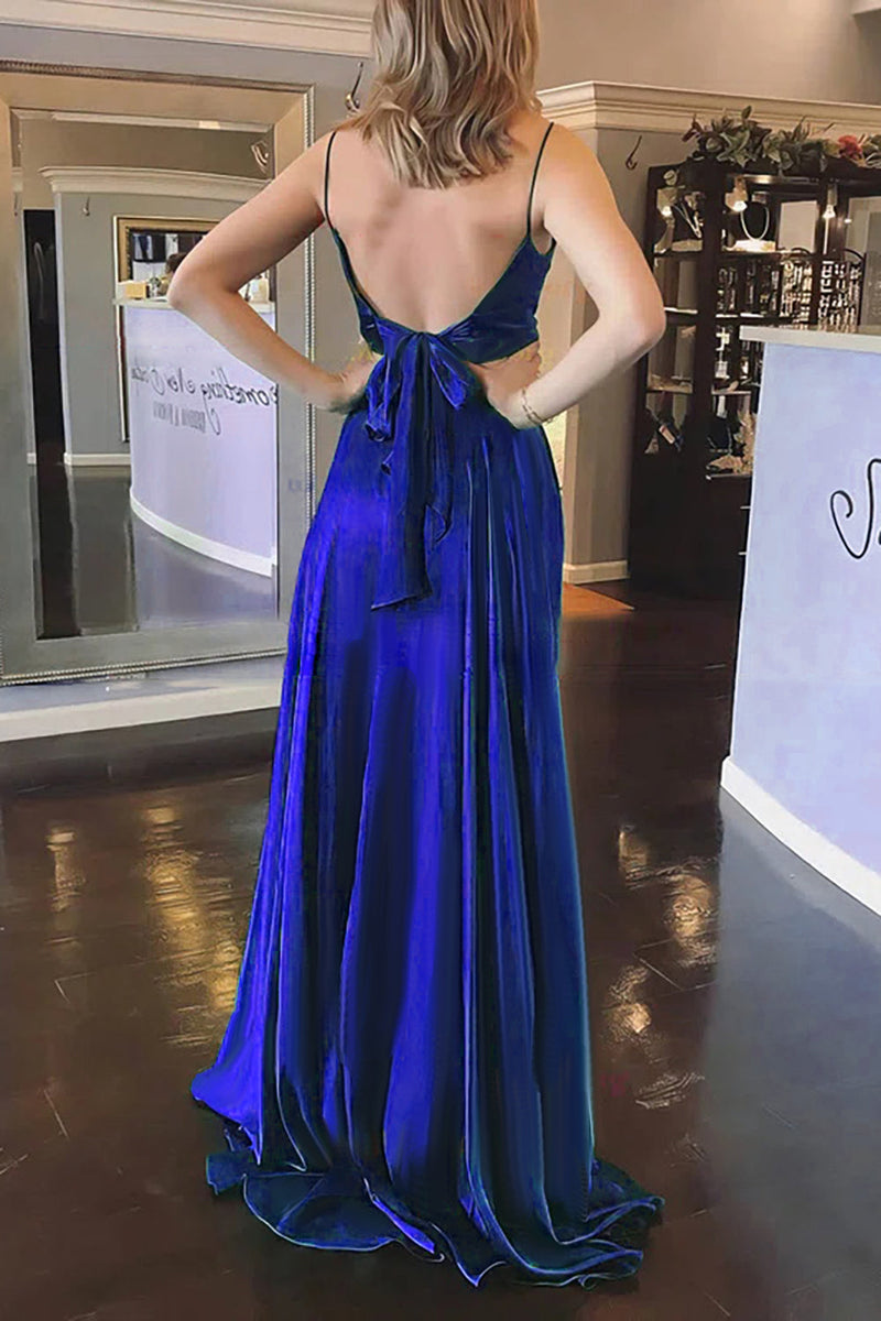 Load image into Gallery viewer, Royal Blue Satin A-line Prom Dress with Pockets