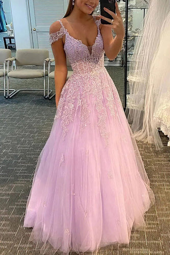 Pink Tulle Off Shoulder Prom Dress with Appliques