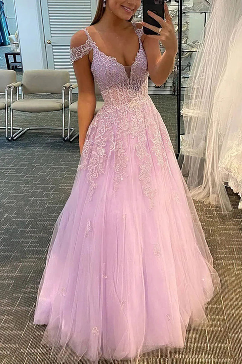 Load image into Gallery viewer, Pink Tulle Off Shoulder Prom Dress with Appliques