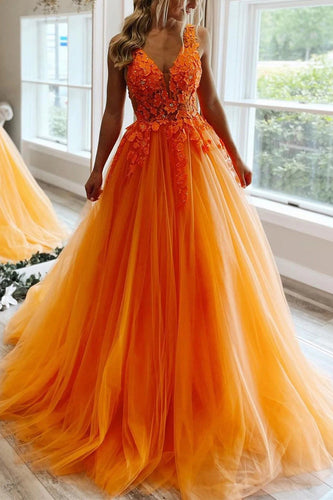 Tulle Orange Princess Prom Dress with Appliques