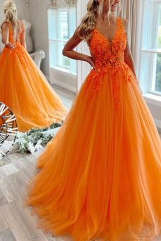 Tulle Orange Princess Prom Dress with Appliques
