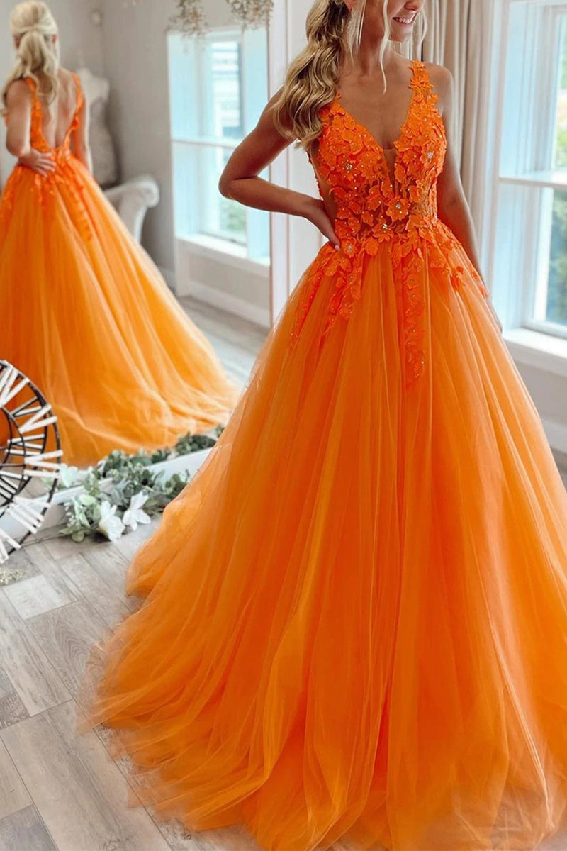 Load image into Gallery viewer, Tulle Orange Princess Prom Dress with Appliques