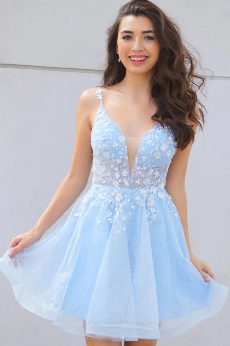 Load image into Gallery viewer, Cute A Line Deep V Neck Light Blue Short Prom Dress with Appliques